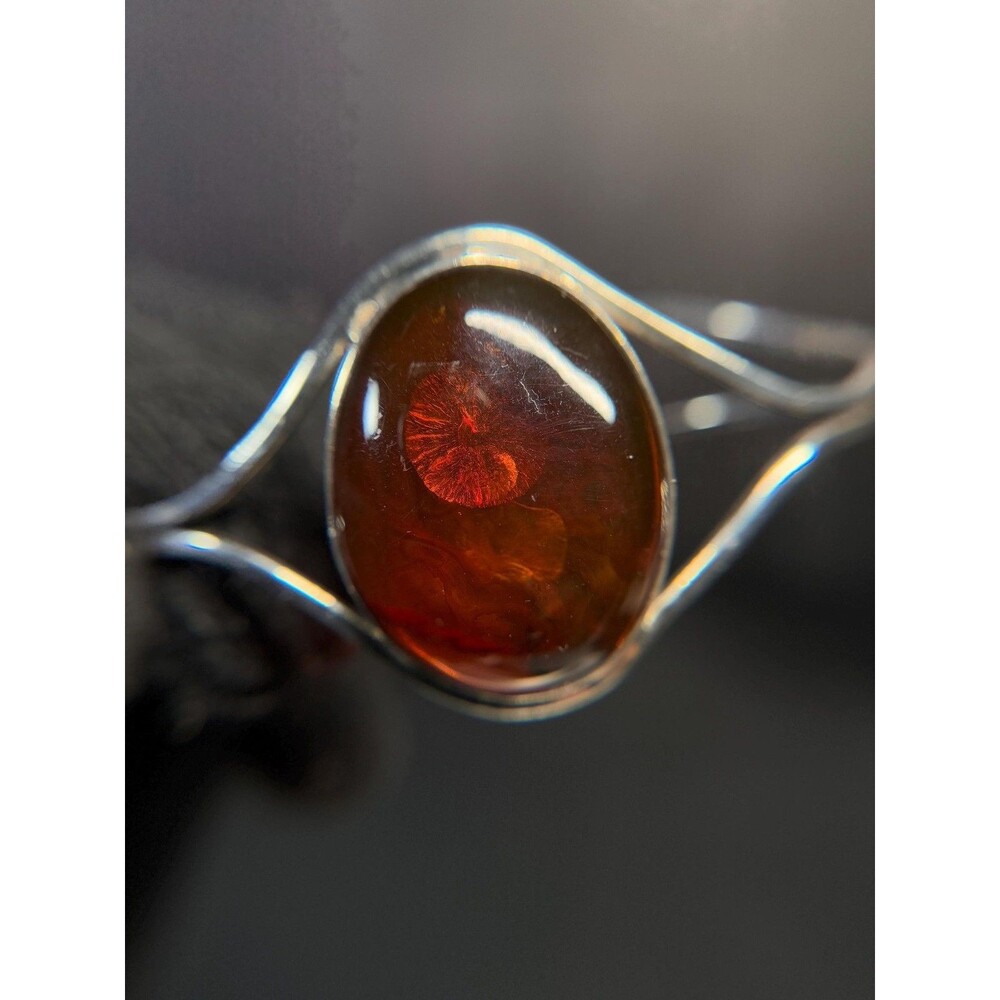 Sterling Silver Amber Cuff Bracelet 925 Cognac Baltic Style Adjustable